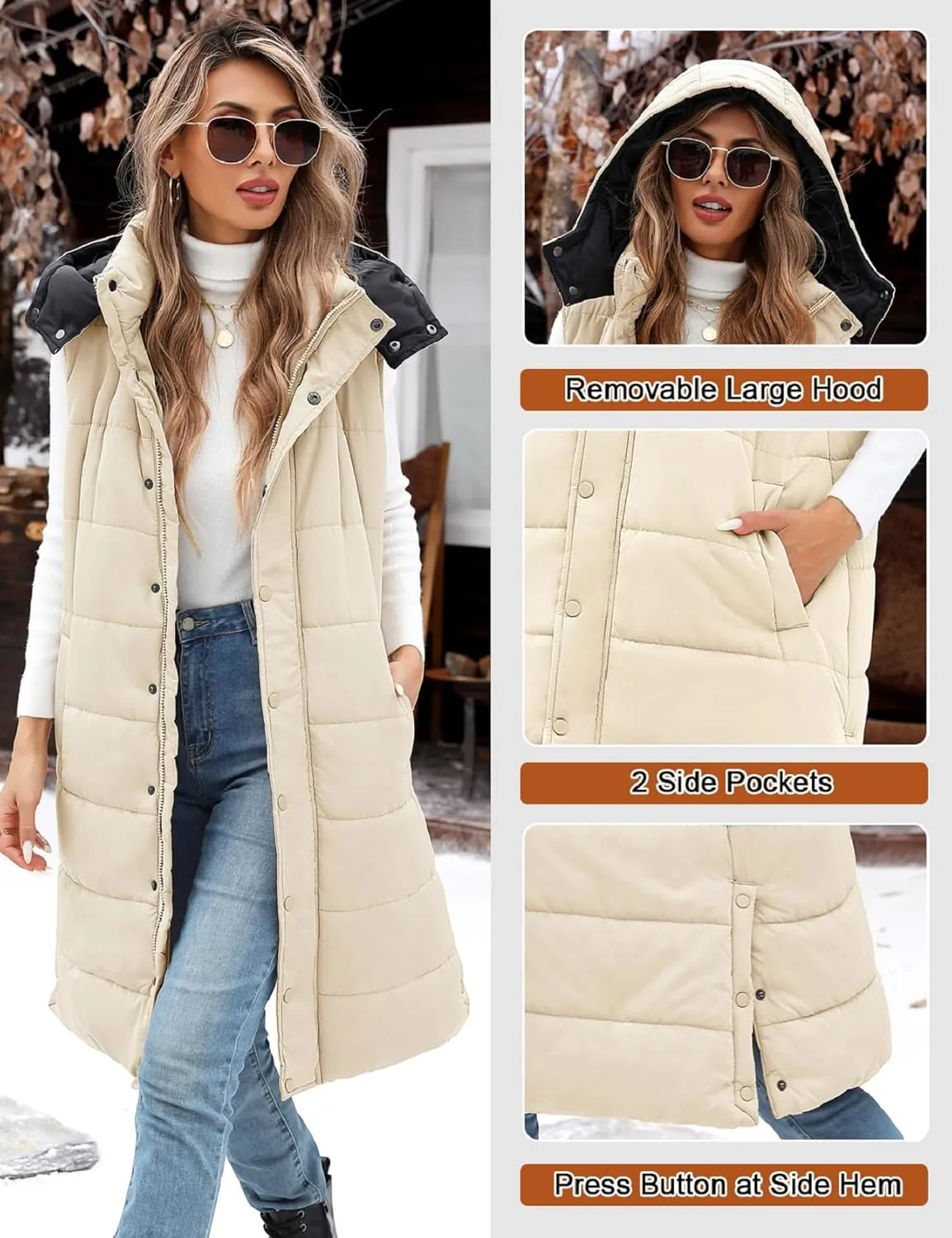 Long Puffer Vest Women With Hood Sleeveless Down Vest Warm Jacket Winter Coat With Pockets