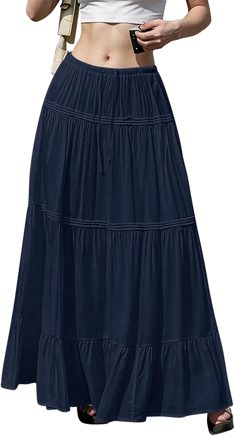 Long Skirts for Women Trendy Boho Maxi Skirt Summer Flowy Swing Tiered A-Line Elastic High Waist Dress