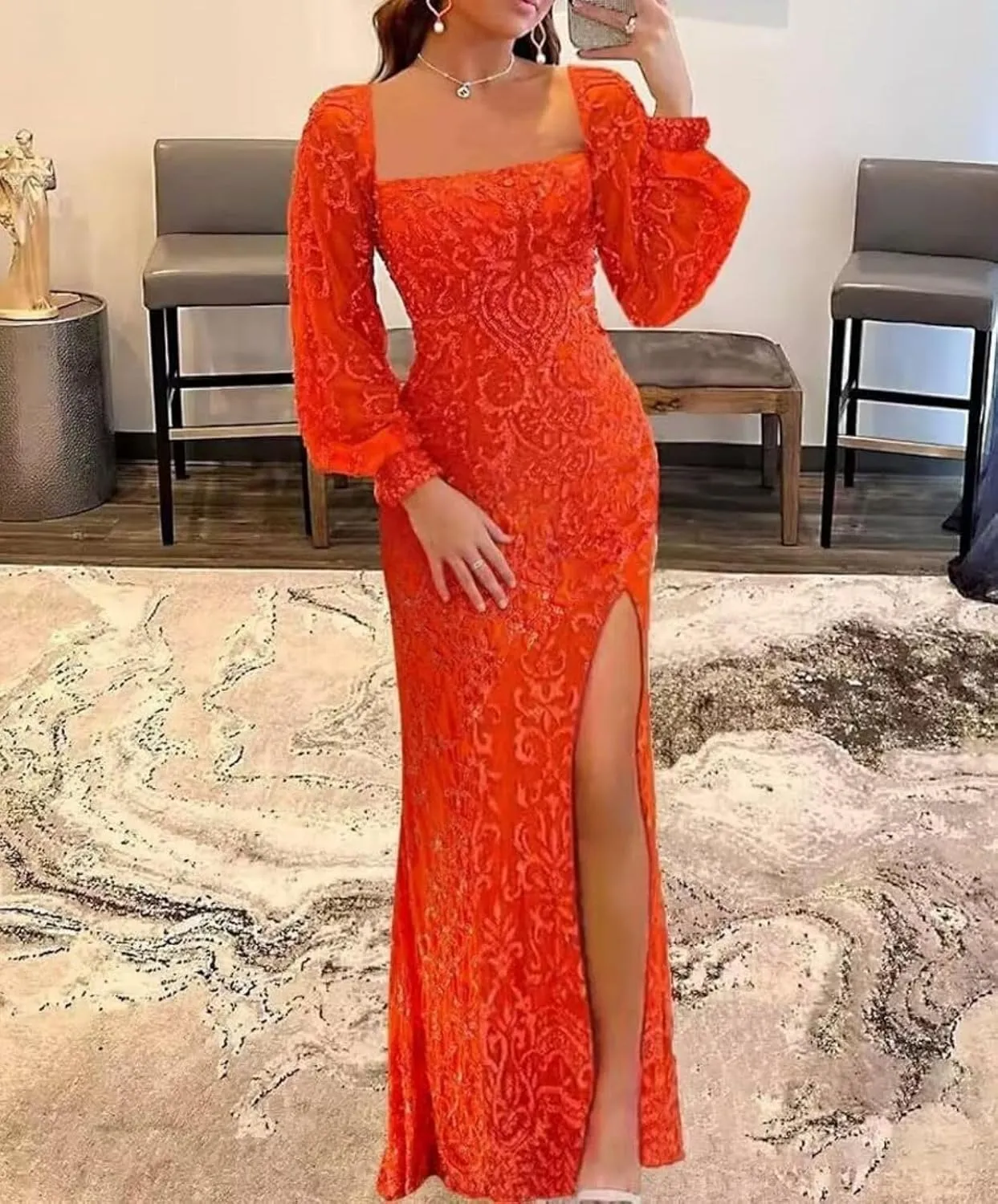 Long-Sleeve Sequin Prom Dresses 2024 - Sparkly Mermaid Tight Long Formal Evening Party Dress with Slit