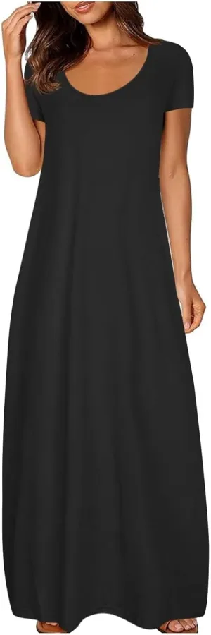 Loose Fit Plus Size Dresses for Curvy Women Short Sleeve Crew Neck Summer Beach Dresses Flowy Maxi Tshirt Sundresses