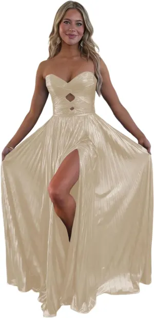 Loyeloy Sparkly Metallic Prom Dresses with Slit A Line Keyhole Satin Long Prom Ball Gowns for Women