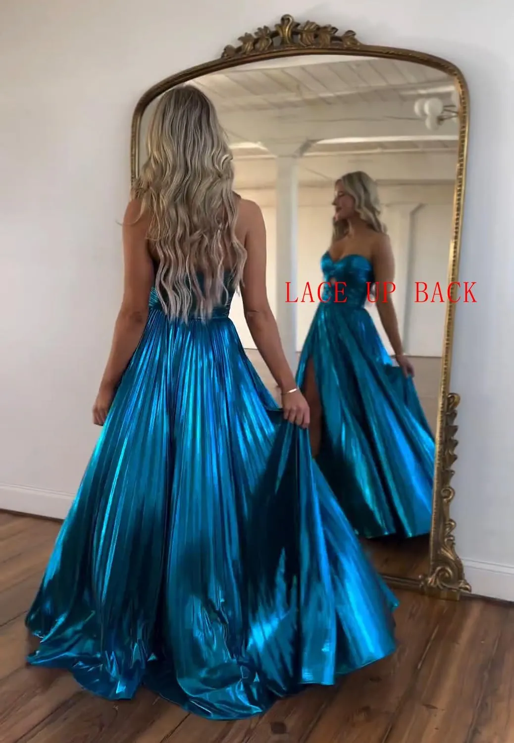 Loyeloy Sparkly Metallic Prom Dresses with Slit A Line Keyhole Satin Long Prom Ball Gowns for Women