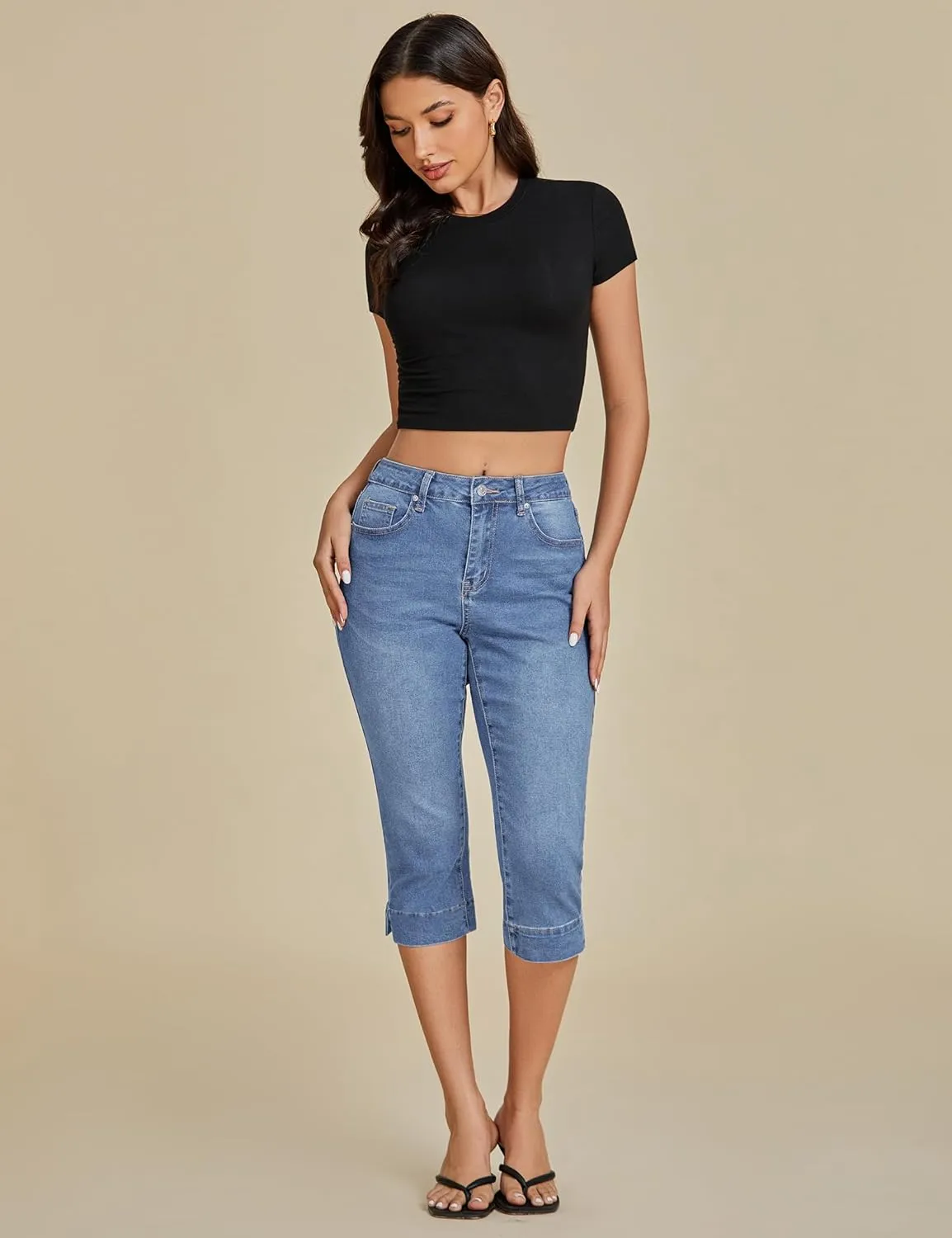 luvamia Capri Jeans for Women Trendy High Waisted Slim Split Hem Stretch Denim Jean Capris Cropped Pants Casual Summer