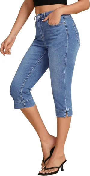 luvamia Capri Jeans for Women Trendy High Waisted Slim Split Hem Stretch Denim Jean Capris Cropped Pants Casual Summer