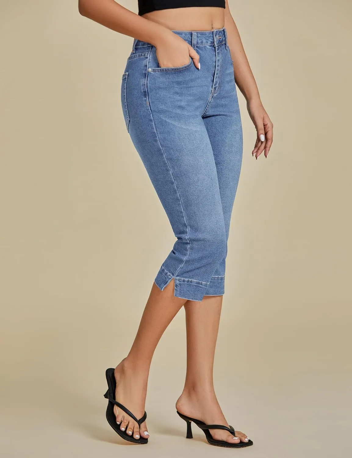 luvamia Capri Jeans for Women Trendy High Waisted Slim Split Hem Stretch Denim Jean Capris Cropped Pants Casual Summer