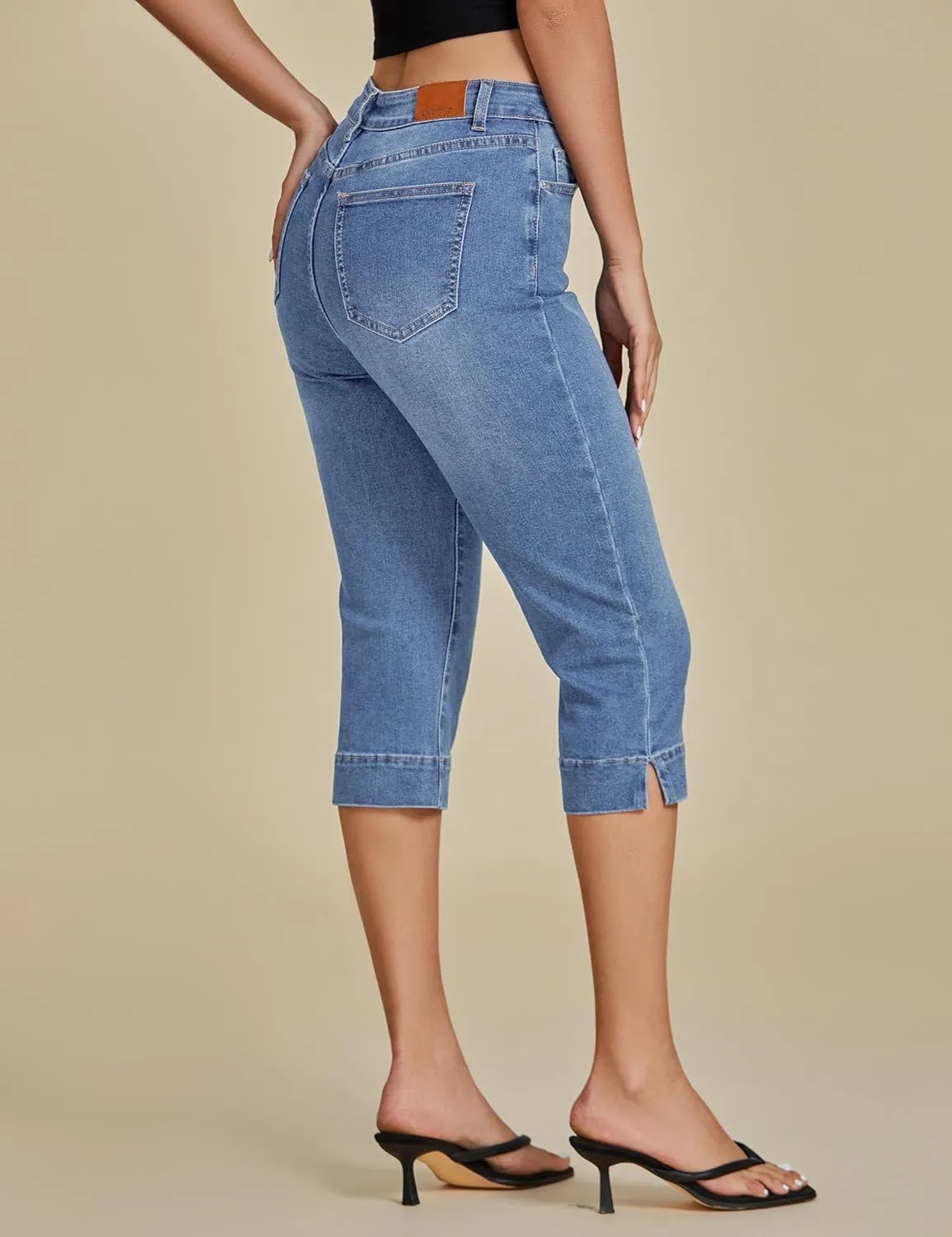 luvamia Capri Jeans for Women Trendy High Waisted Slim Split Hem Stretch Denim Jean Capris Cropped Pants Casual Summer
