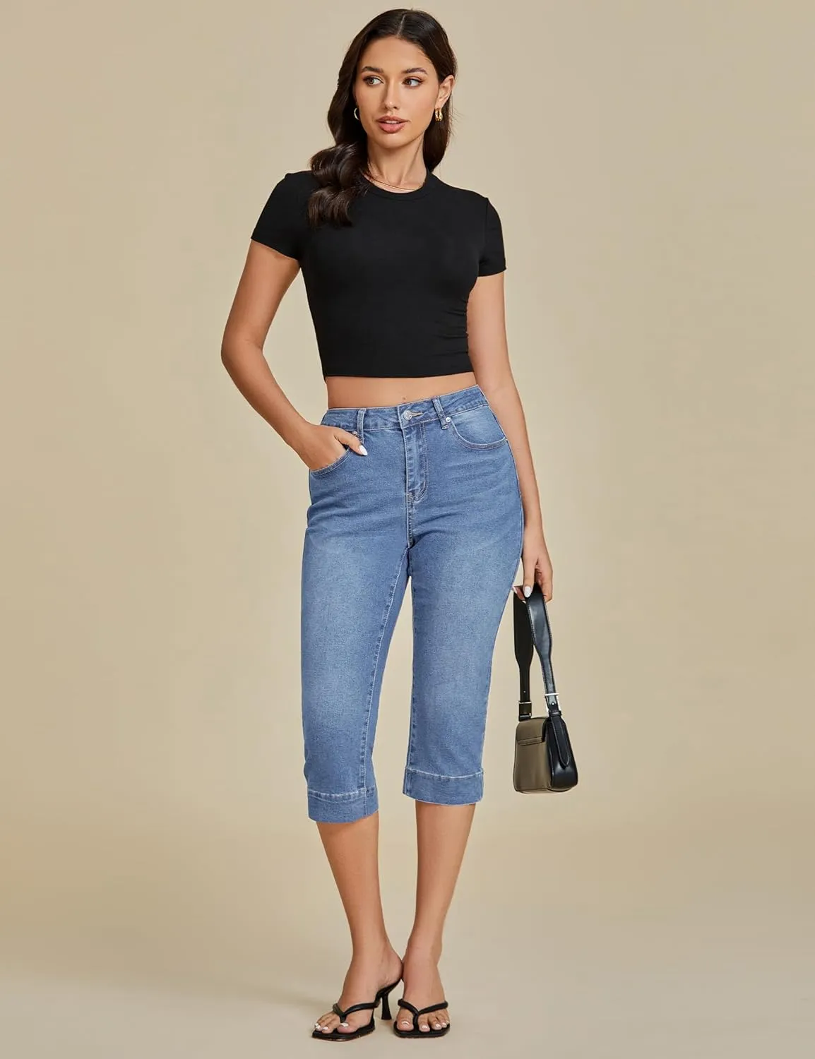 luvamia Capri Jeans for Women Trendy High Waisted Slim Split Hem Stretch Denim Jean Capris Cropped Pants Casual Summer
