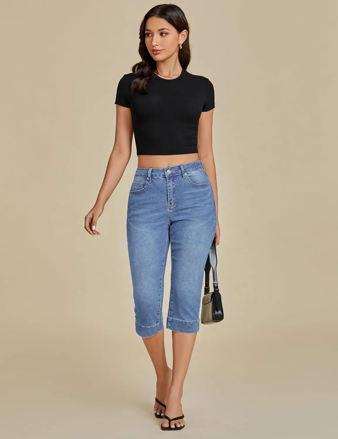 luvamia Capri Jeans for Women Trendy High Waisted Slim Split Hem Stretch Denim Jean Capris Cropped Pants Casual Summer