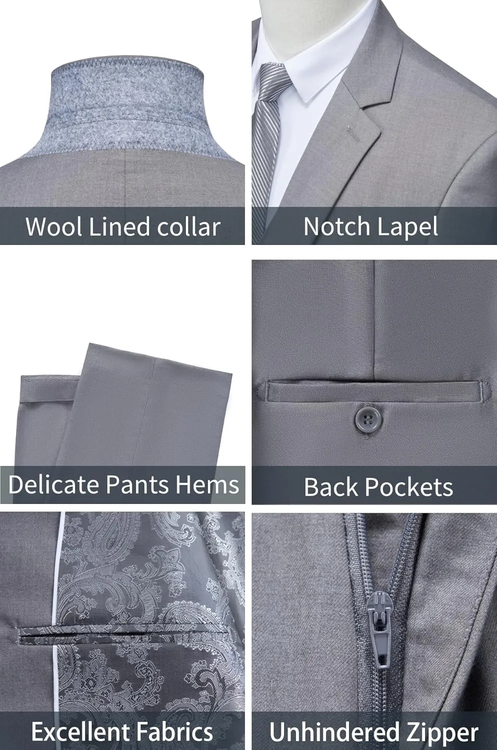 MAGE MALE Men's 3 Pieces Suit Slim Fit One Button Business Wedding Party Solid Blazer Vest Pants Set with Tie