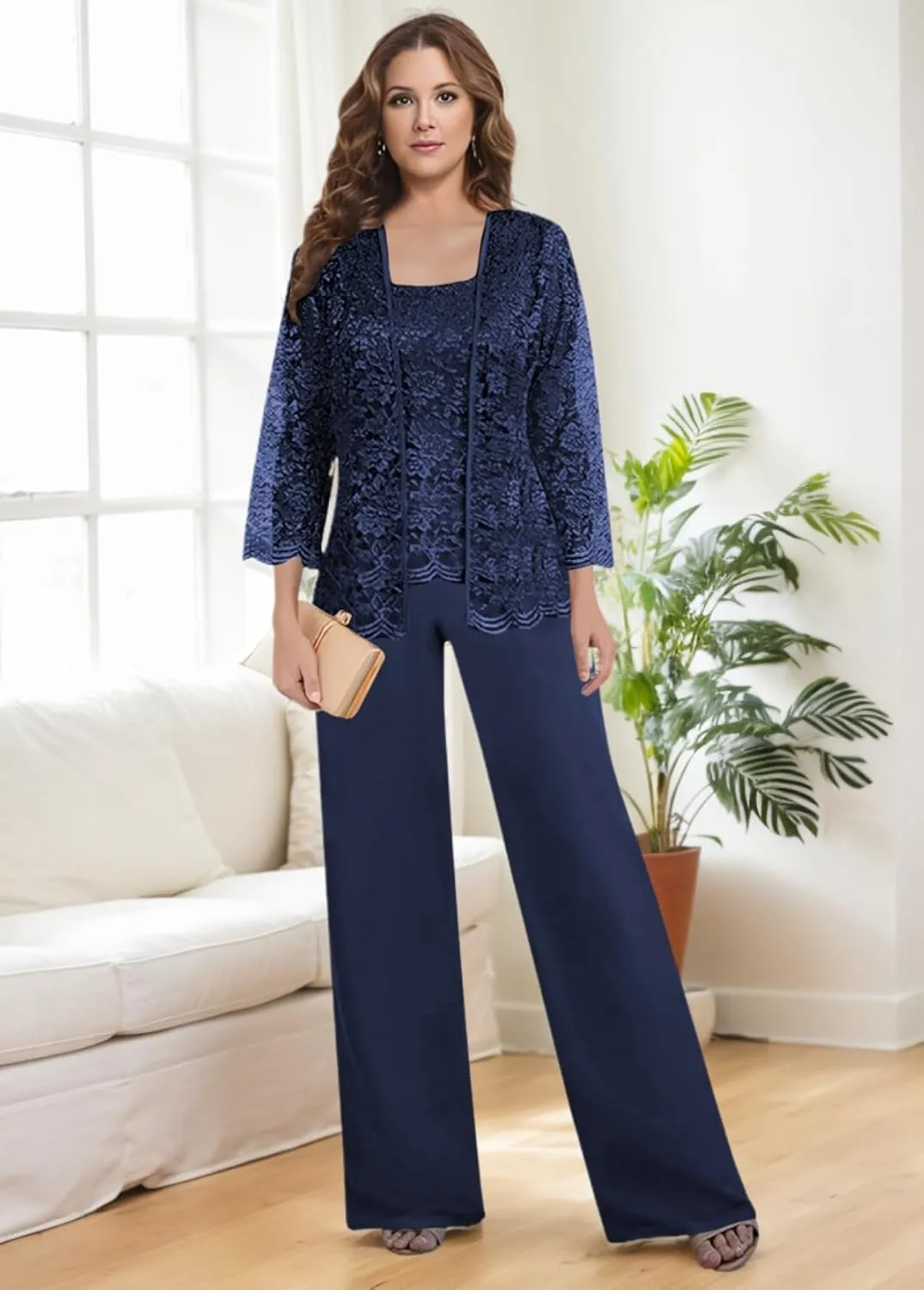 MAGGCIF 3 Pieces Mother of The Bride Pant Suits for Wedding Dressy with Jacket Chiffon Lace Sets Formal Evening Outfit