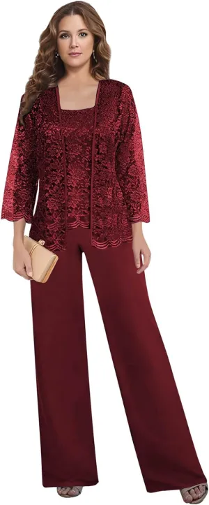 MAGGCIF 3 Pieces Mother of The Bride Pant Suits for Wedding Dressy with Jacket Chiffon Lace Sets Formal Evening Outfit