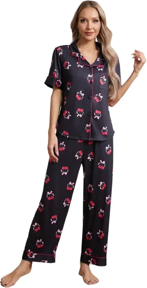 MakeMeChic Women's 2 Piece Pajama Set Cherry Bow Button Down Shirt and Pants PJ Sets Sleepwear
