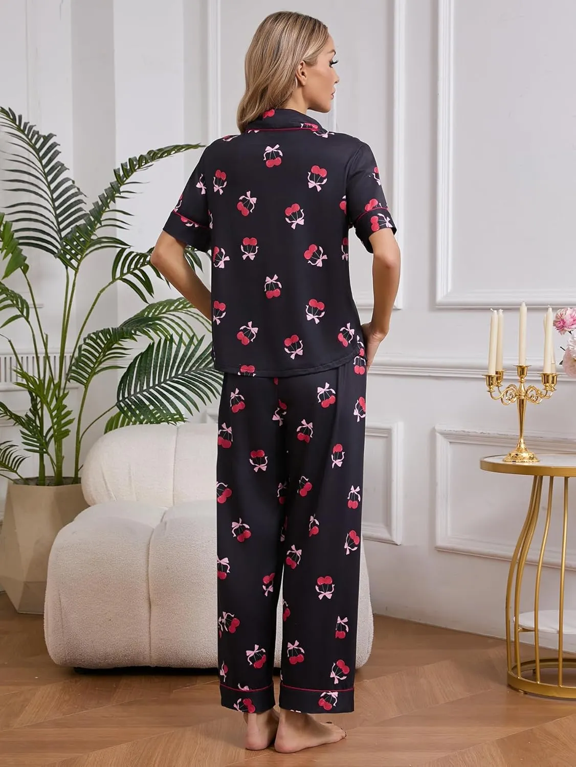 MakeMeChic Women's 2 Piece Pajama Set Cherry Bow Button Down Shirt and Pants PJ Sets Sleepwear