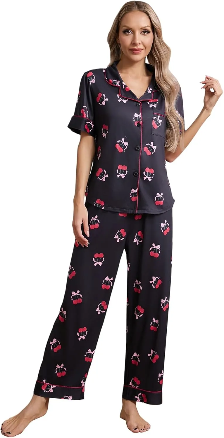 MakeMeChic Women's 2 Piece Pajama Set Cherry Bow Button Down Shirt and Pants PJ Sets Sleepwear