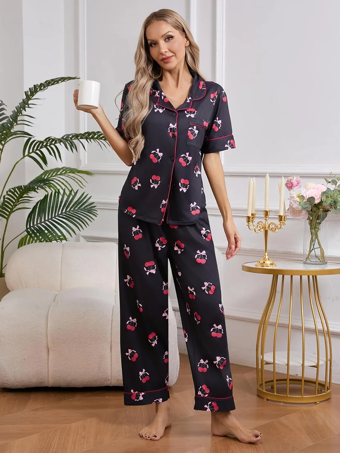 MakeMeChic Women's 2 Piece Pajama Set Cherry Bow Button Down Shirt and Pants PJ Sets Sleepwear
