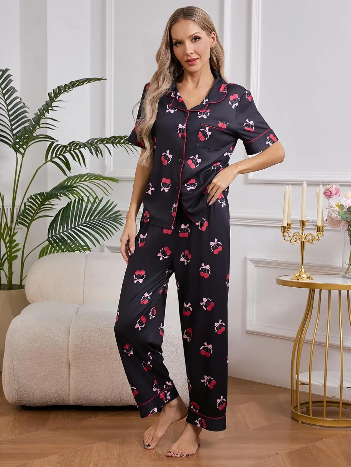 MakeMeChic Women's 2 Piece Pajama Set Cherry Bow Button Down Shirt and Pants PJ Sets Sleepwear