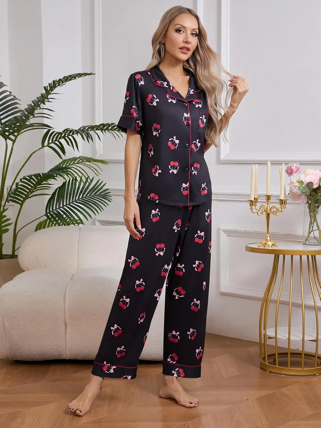 MakeMeChic Women's 2 Piece Pajama Set Cherry Bow Button Down Shirt and Pants PJ Sets Sleepwear