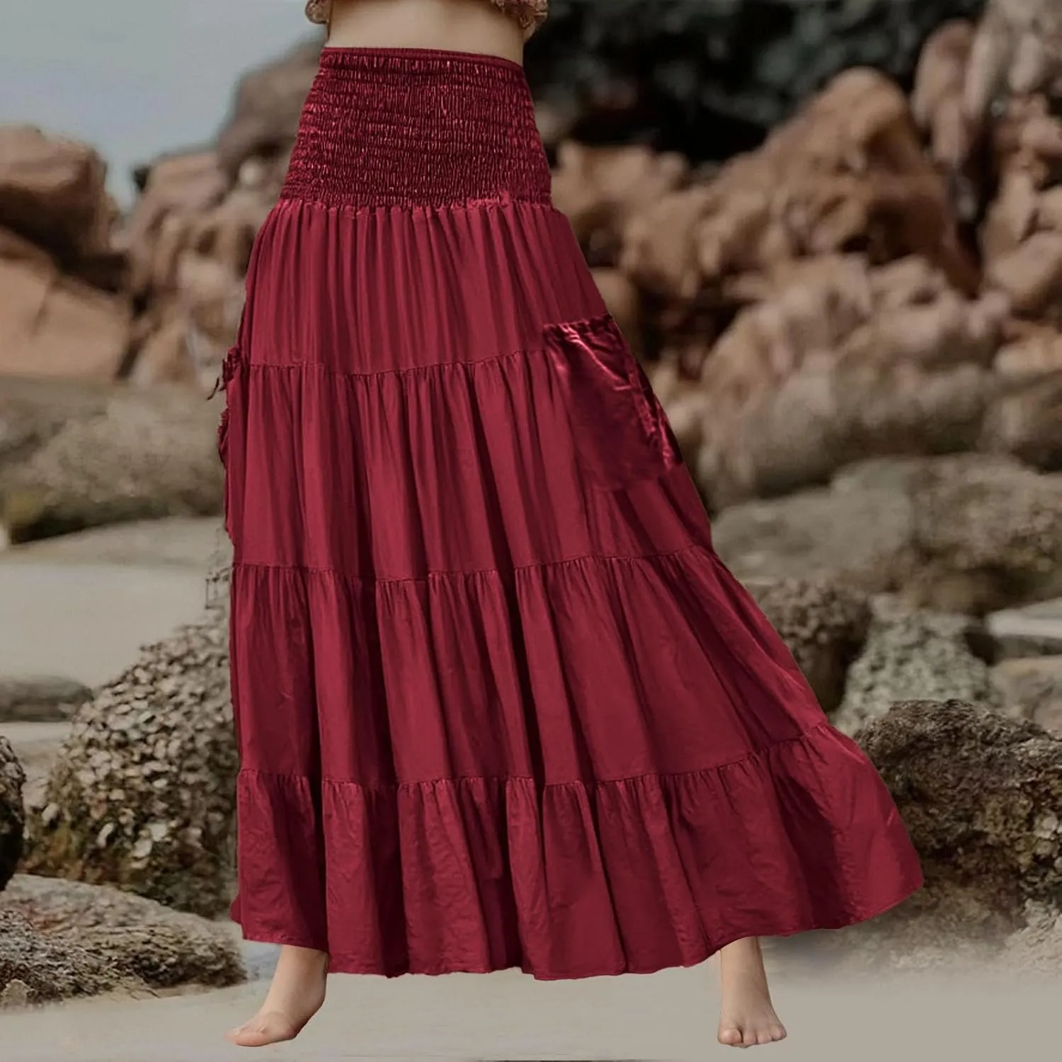 Maxi Skirt for Women Elastic Wrap Waist Beach Flowy Long Skirts with Pockets Casual Boho Ruched A-Line Dress