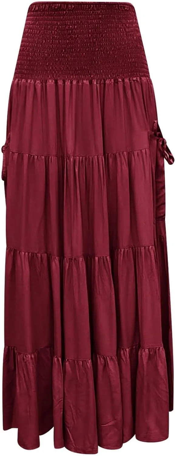 Maxi Skirt for Women Elastic Wrap Waist Beach Flowy Long Skirts with Pockets Casual Boho Ruched A-Line Dress