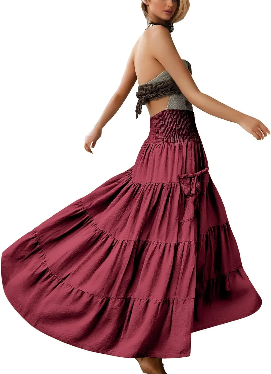 Maxi Skirt for Women Elastic Wrap Waist Beach Flowy Long Skirts with Pockets Casual Boho Ruched A-Line Dress