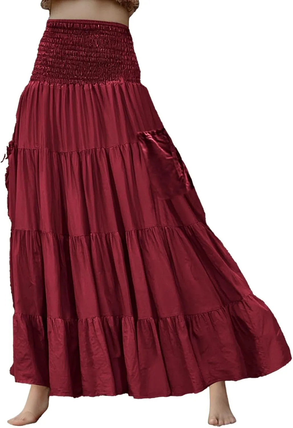 Maxi Skirt for Women Elastic Wrap Waist Beach Flowy Long Skirts with Pockets Casual Boho Ruched A-Line Dress