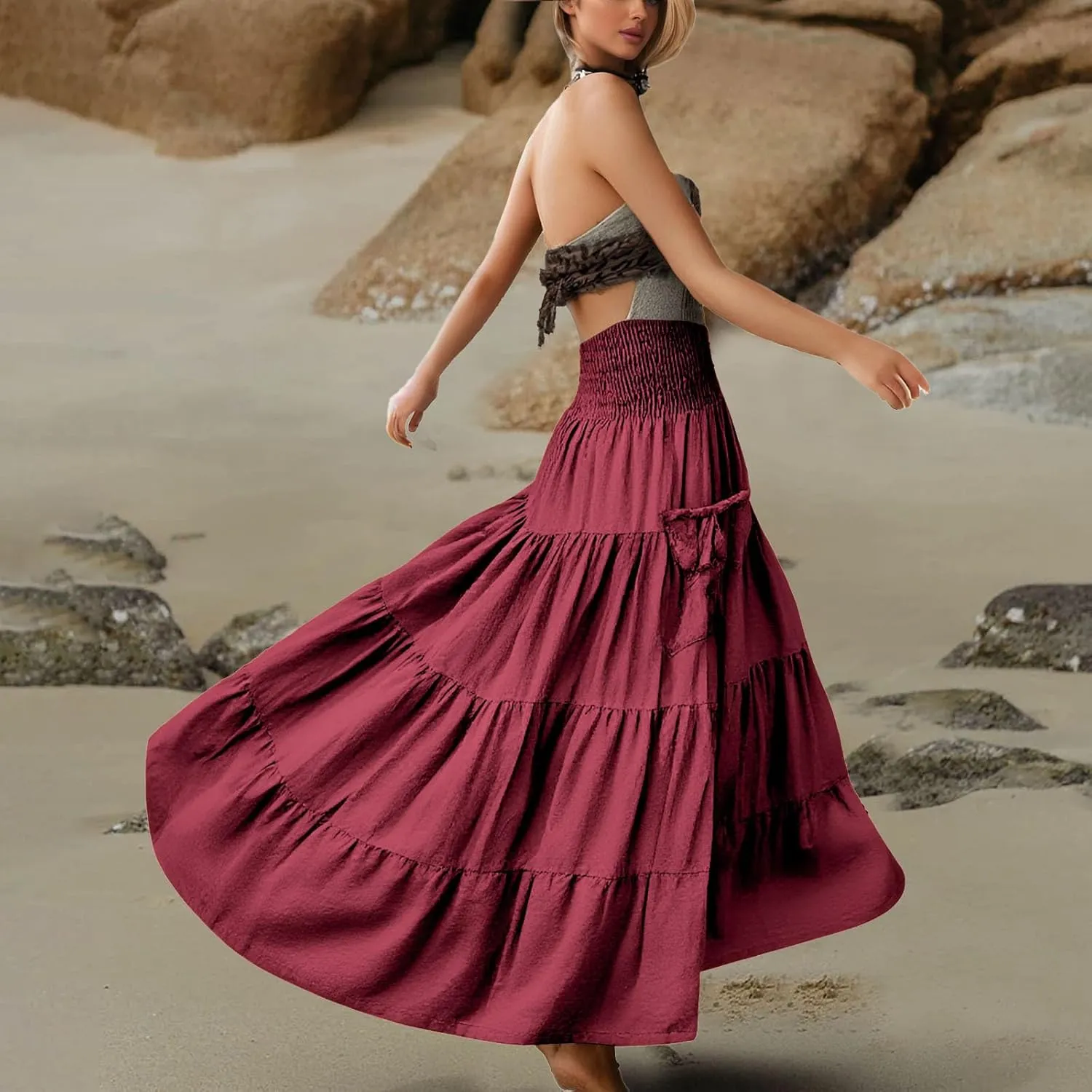 Maxi Skirt for Women Elastic Wrap Waist Beach Flowy Long Skirts with Pockets Casual Boho Ruched A-Line Dress