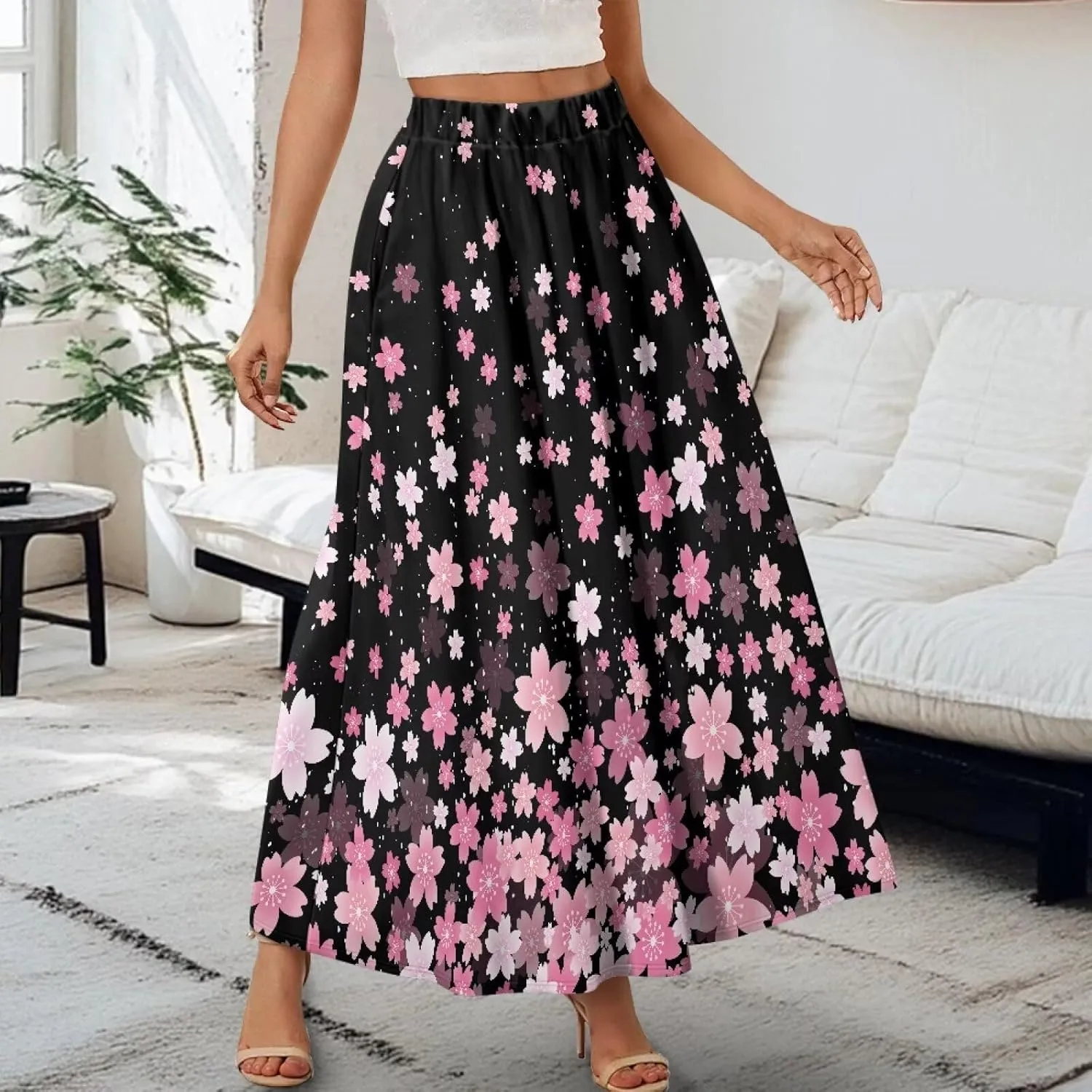 Maxi Skirt for Women Long Elegant High Waisted Cocktail Party Wedding Skirts Flared A-Line Skirts with Pockets