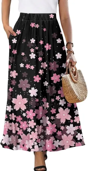 Maxi Skirt for Women Long Elegant High Waisted Cocktail Party Wedding Skirts Flared A-Line Skirts with Pockets