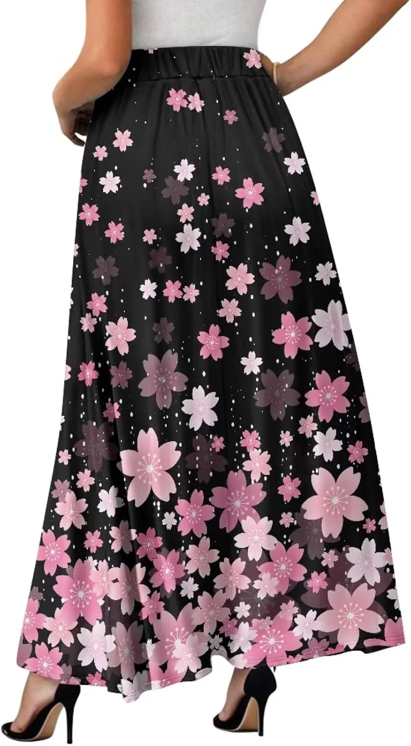Maxi Skirt for Women Long Elegant High Waisted Cocktail Party Wedding Skirts Flared A-Line Skirts with Pockets