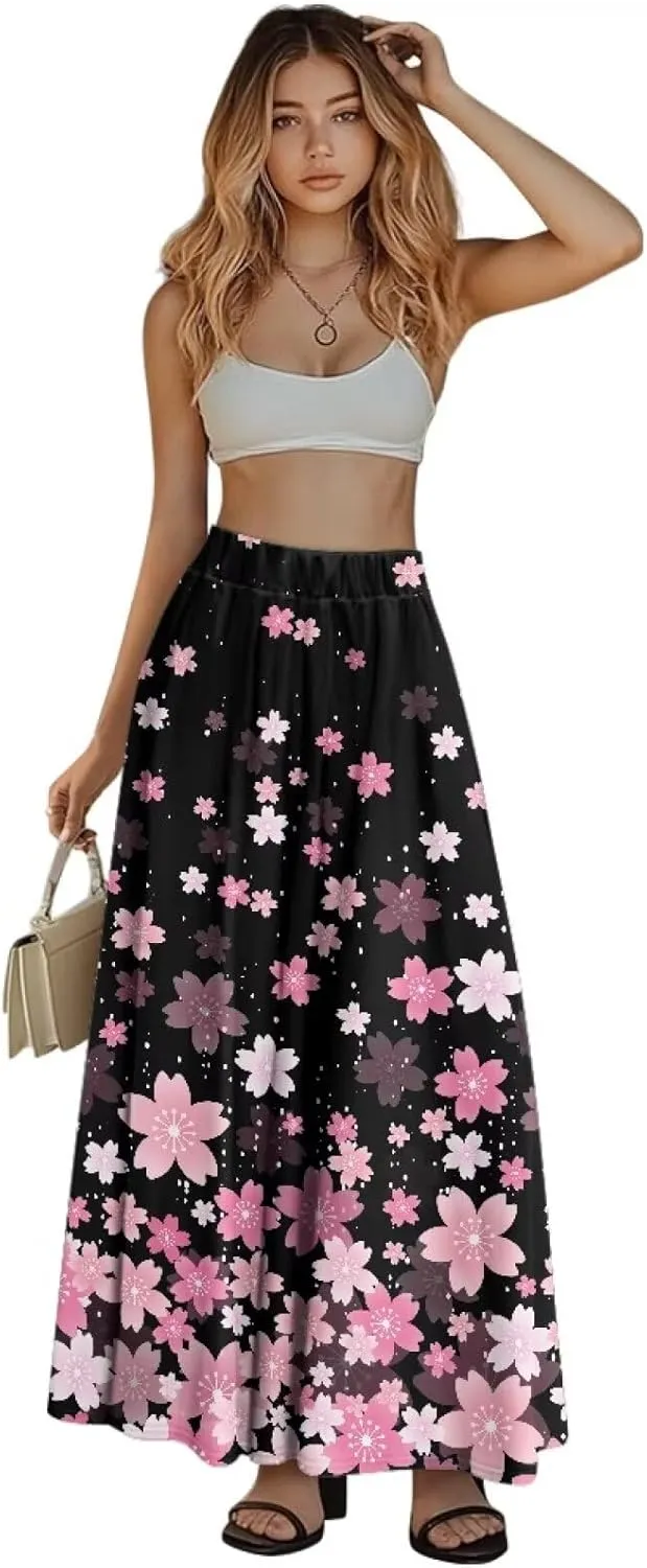 Maxi Skirt for Women Long Elegant High Waisted Cocktail Party Wedding Skirts Flared A-Line Skirts with Pockets
