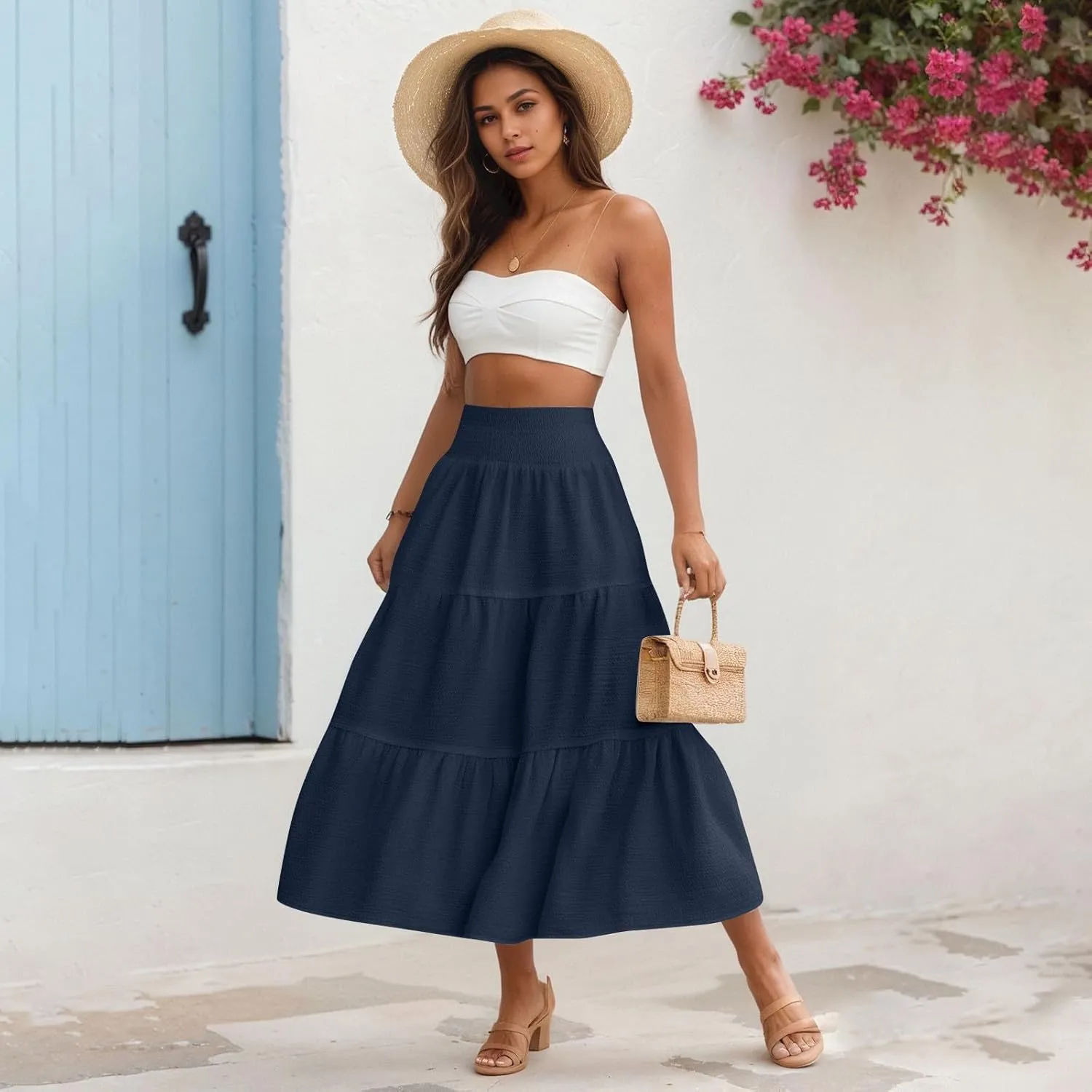 Maxi Skirts for Women 2025 Long Flowy Tiered Ruffle Linen Skirt Beach Summer A-Line Elastic High Waisted Skirts