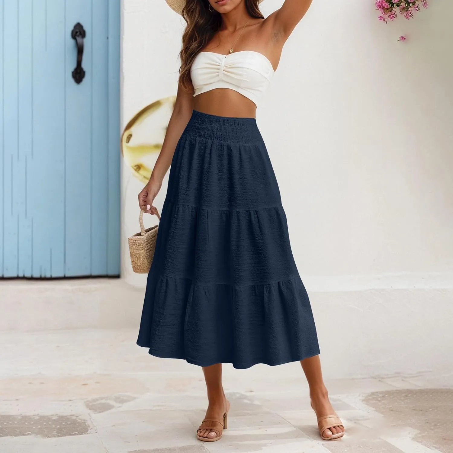 Maxi Skirts for Women 2025 Long Flowy Tiered Ruffle Linen Skirt Beach Summer A-Line Elastic High Waisted Skirts
