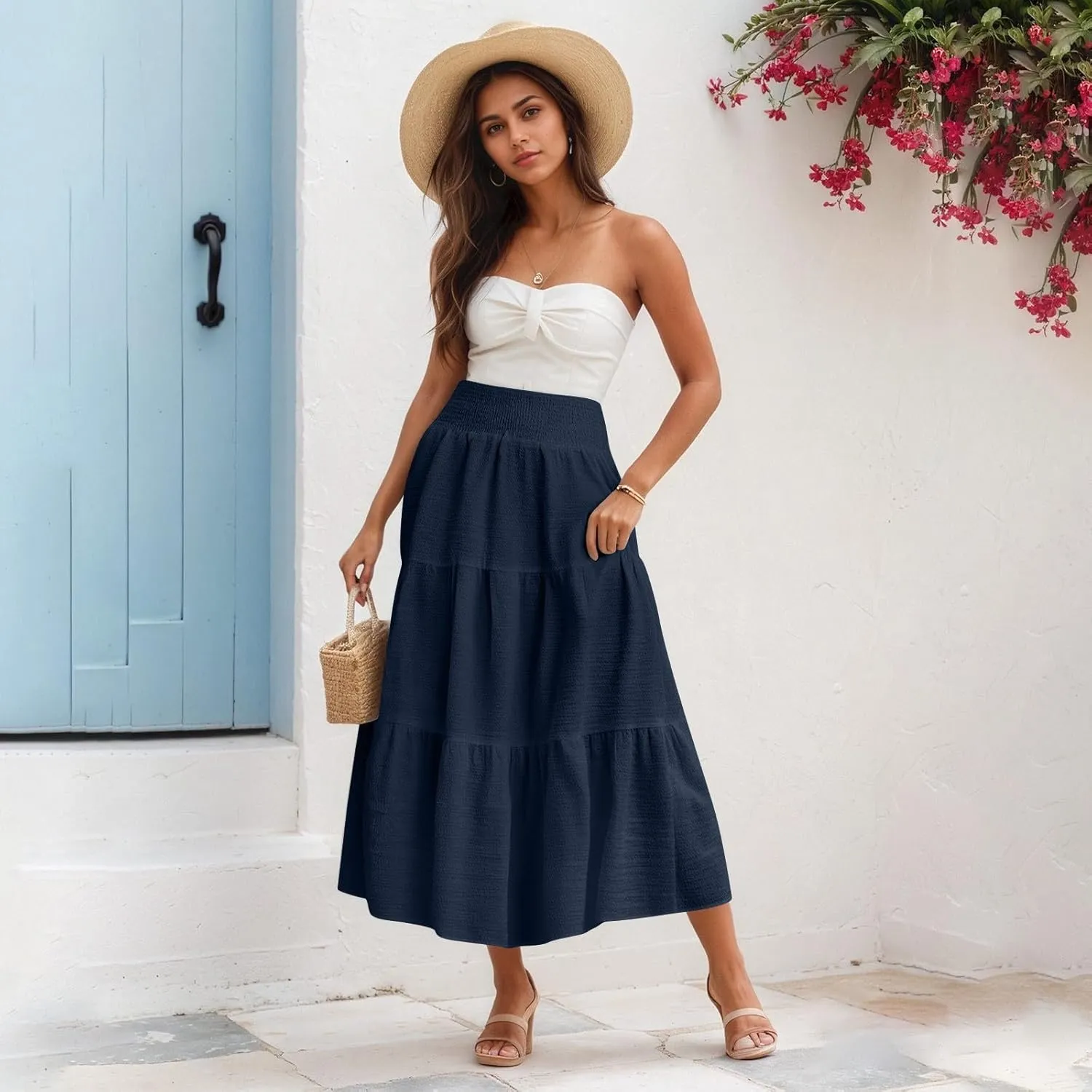 Maxi Skirts for Women 2025 Long Flowy Tiered Ruffle Linen Skirt Beach Summer A-Line Elastic High Waisted Skirts