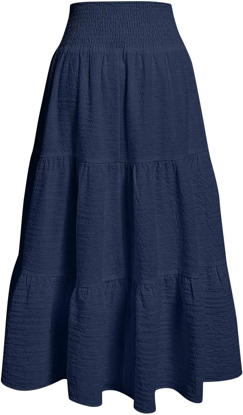 Maxi Skirts for Women 2025 Long Flowy Tiered Ruffle Linen Skirt Beach Summer A-Line Elastic High Waisted Skirts