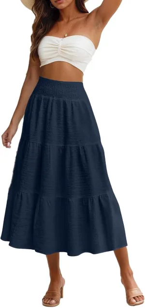 Maxi Skirts for Women 2025 Long Flowy Tiered Ruffle Linen Skirt Beach Summer A-Line Elastic High Waisted Skirts