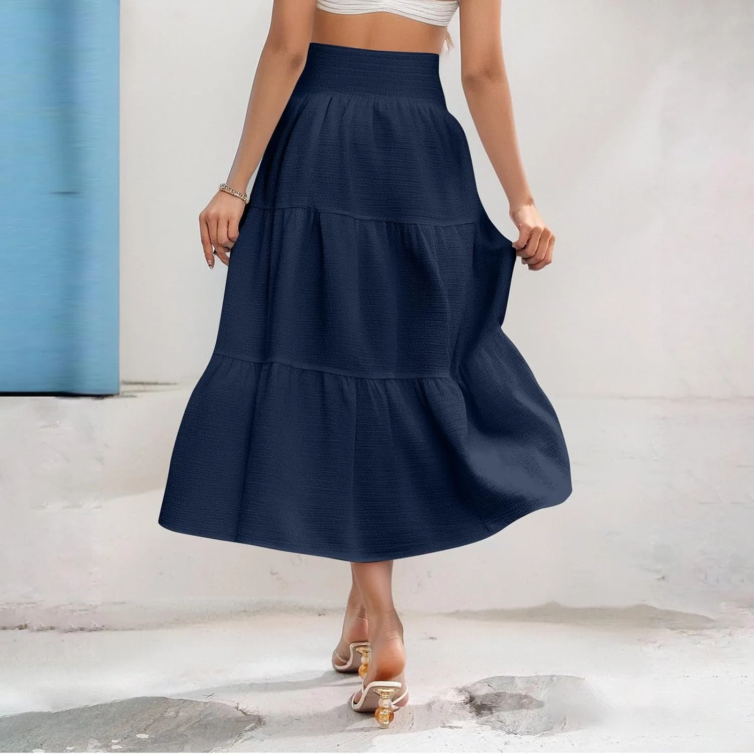 Maxi Skirts for Women 2025 Long Flowy Tiered Ruffle Linen Skirt Beach Summer A-Line Elastic High Waisted Skirts