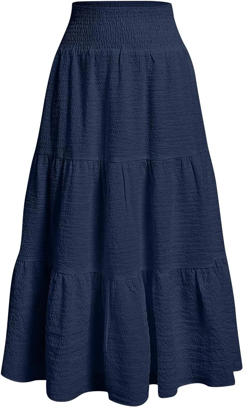 Maxi Skirts for Women 2025 Long Flowy Tiered Ruffle Linen Skirt Beach Summer A-Line Elastic High Waisted Skirts