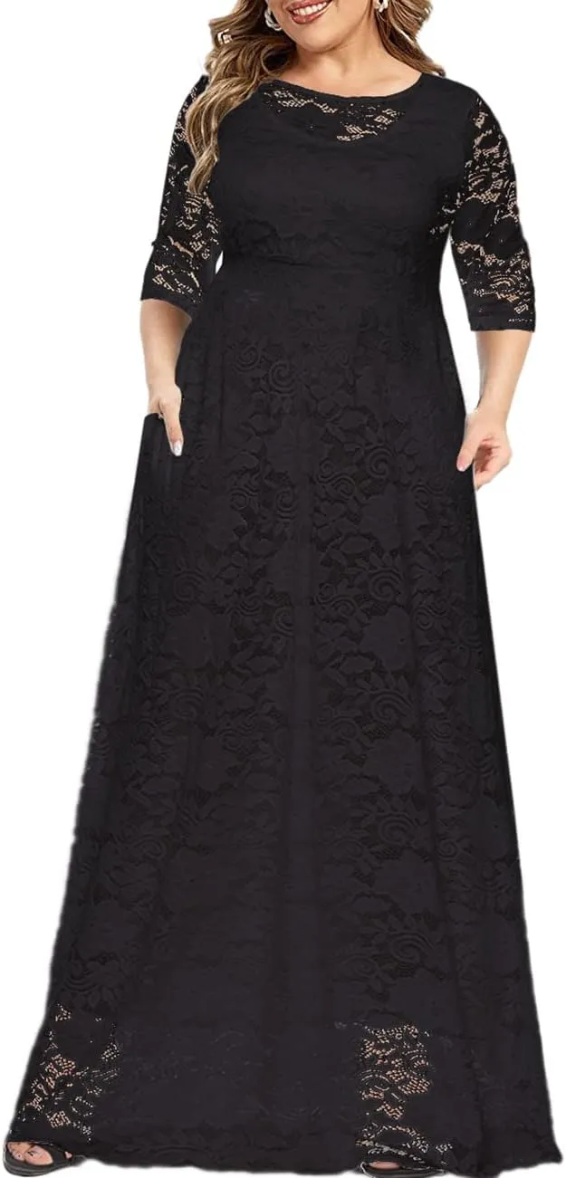 MAYFASEY Women's Plus Size Floral Lace Wedding Dress 3 4 Sleeve Bridesmaid Evening Party Long Maxi Dresses with Pockets