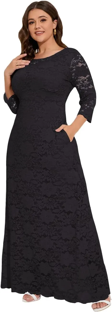 MAYFASEY Women's Plus Size Floral Lace Wedding Dress 3 4 Sleeve Bridesmaid Evening Party Long Maxi Dresses with Pockets