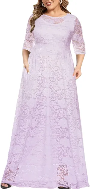 MAYFASEY Women's Plus Size Floral Lace Wedding Dress 3 4 Sleeve Bridesmaid Evening Party Long Maxi Dresses with Pockets