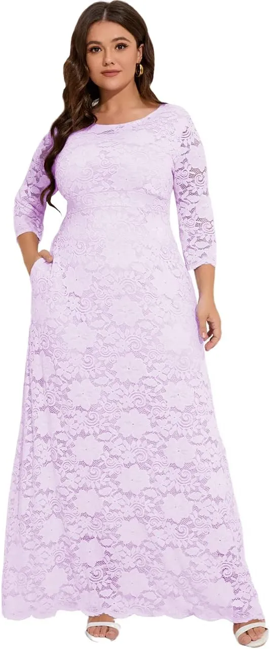 MAYFASEY Women's Plus Size Floral Lace Wedding Dress 3 4 Sleeve Bridesmaid Evening Party Long Maxi Dresses with Pockets