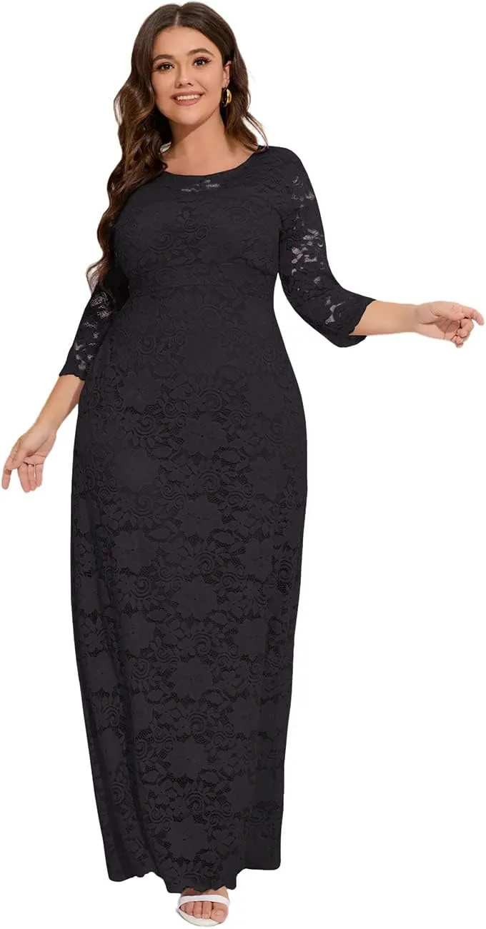 MAYFASEY Women's Plus Size Floral Lace Wedding Dress 3 4 Sleeve Bridesmaid Evening Party Long Maxi Dresses with Pockets