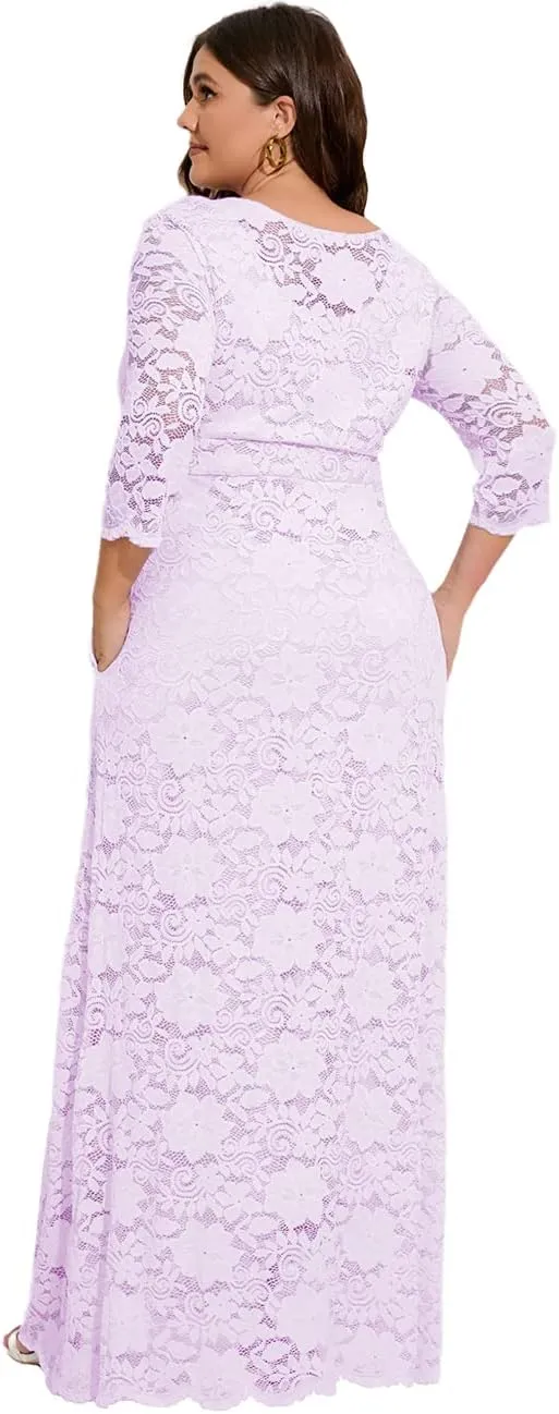 MAYFASEY Women's Plus Size Floral Lace Wedding Dress 3 4 Sleeve Bridesmaid Evening Party Long Maxi Dresses with Pockets