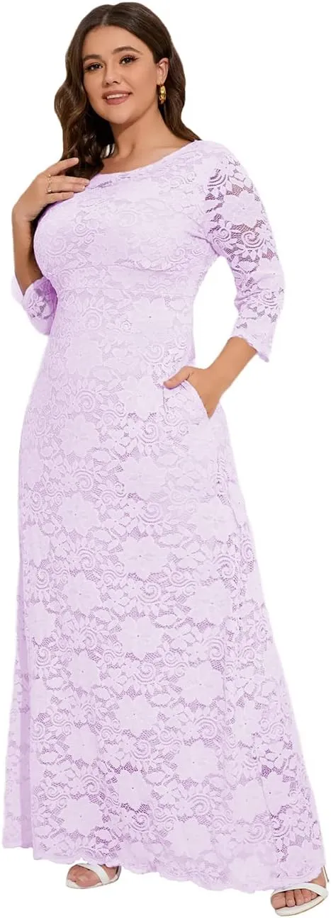 MAYFASEY Women's Plus Size Floral Lace Wedding Dress 3 4 Sleeve Bridesmaid Evening Party Long Maxi Dresses with Pockets