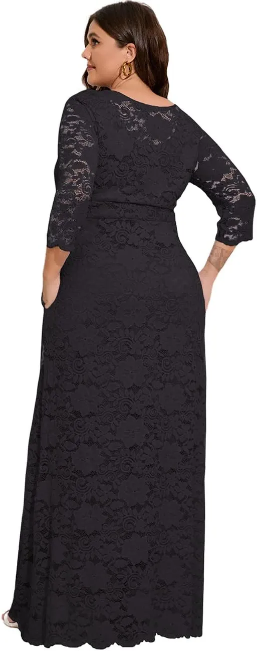 MAYFASEY Women's Plus Size Floral Lace Wedding Dress 3 4 Sleeve Bridesmaid Evening Party Long Maxi Dresses with Pockets
