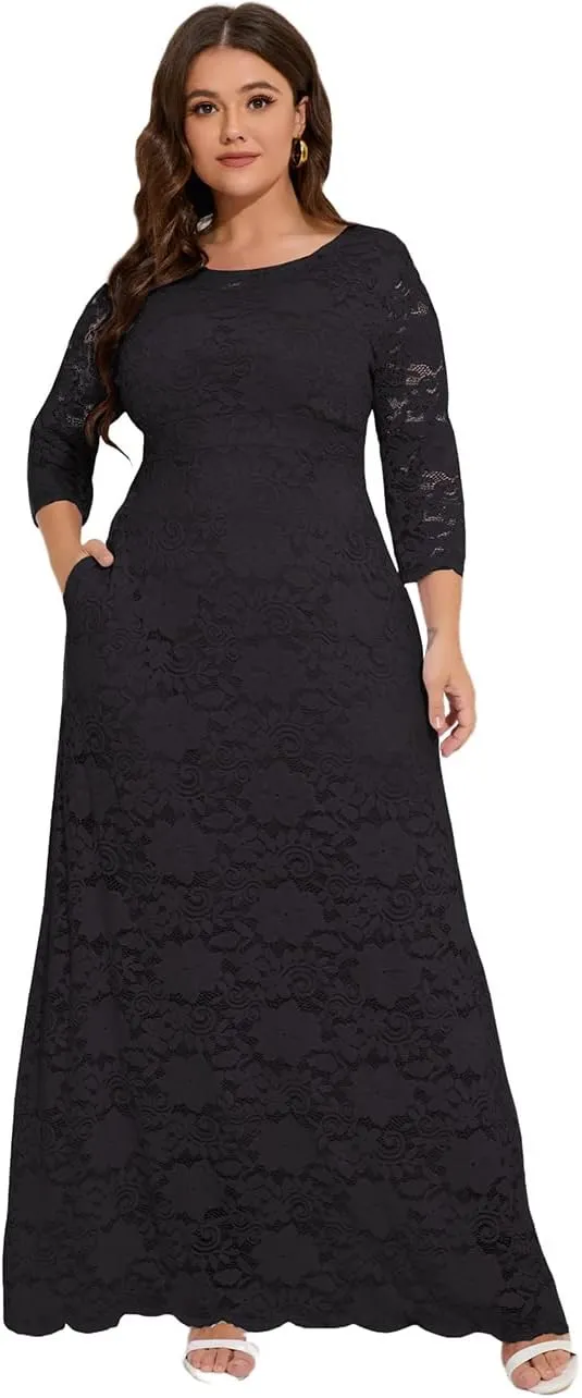 MAYFASEY Women's Plus Size Floral Lace Wedding Dress 3 4 Sleeve Bridesmaid Evening Party Long Maxi Dresses with Pockets