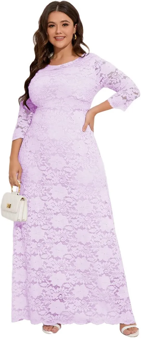 MAYFASEY Women's Plus Size Floral Lace Wedding Dress 3 4 Sleeve Bridesmaid Evening Party Long Maxi Dresses with Pockets