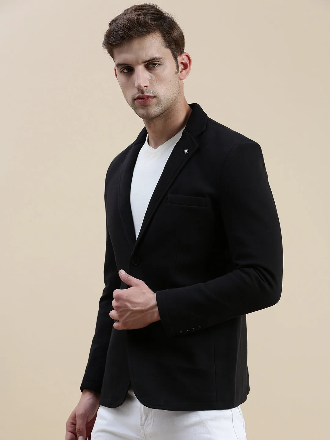 Men Black Notched Lapel Single-Breasted Formal Blazer