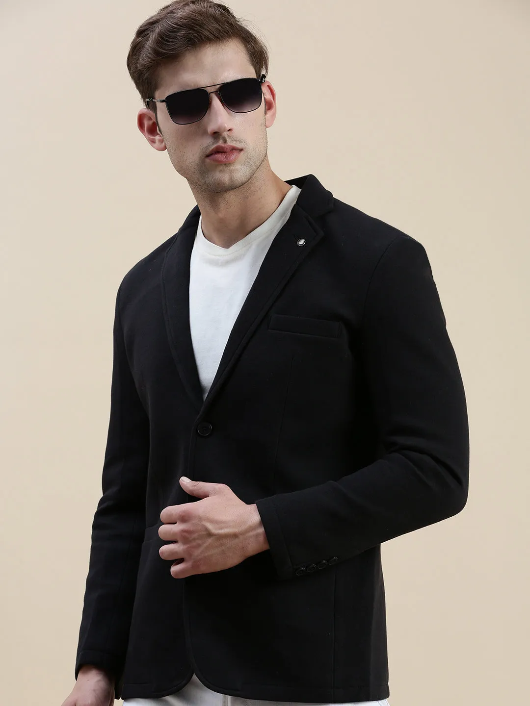 Men Black Notched Lapel Single-Breasted Formal Blazer