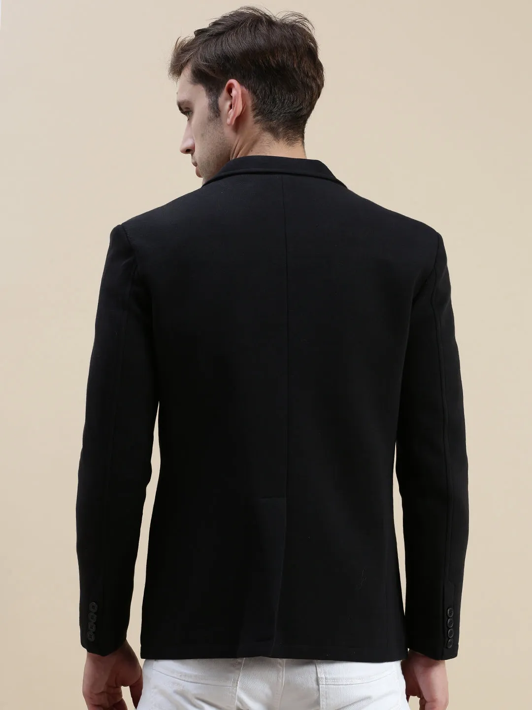 Men Black Notched Lapel Single-Breasted Formal Blazer